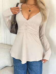 Áo dài tay dệt kim màu mơ, áo cổ chữ V gợi cảm với viền bèo nhún và thiết kế thắt eo, thích hợp cho mùa hè và ngày Valentine. - Màu be - Xem 6