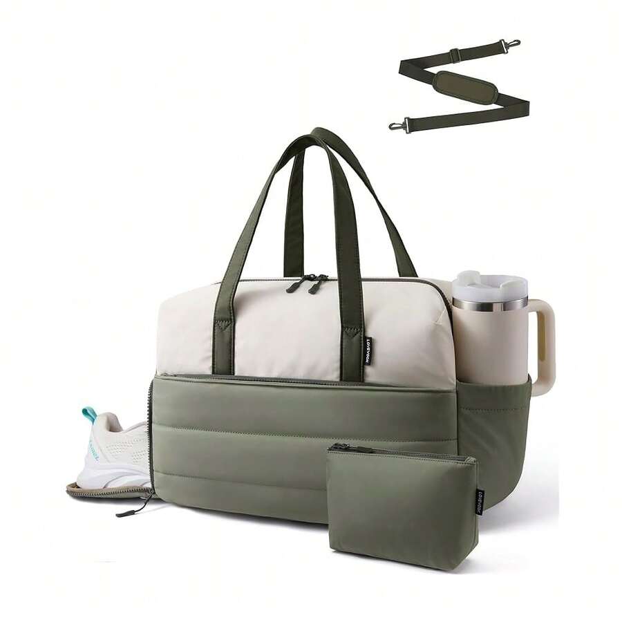 Small Gym Bag For Women With Large Tumbler Holder Pocket, Carry On Weekender Travel Duffel Bag With Shoe Compartment, Overnight Mini Personal Bag With Pouch For Workout Sport Dance Yoga - 綠白 - 查看 1