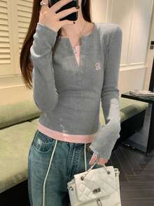 Women's 2 In 1 Contrast Color Fitted Half-Collar Long Sleeve T-Shirt - Grey - View 7