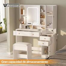 Tocador blanco con espejo y luz, mesa de maquillaje con 3 cajones - Blanco - Ver 3