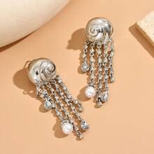 1 Pair Heavily Embellished Long Tassel Earrings, Personalized Luxury Niche Spiral Faux Pearl Earrings, Gift For Valentine's Day, Mother's Day, Birthday, Banquet, Party Wear - Multicolor - View 12