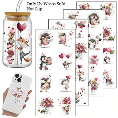32 vellen met schattige dieren, Valentijnsdaghartjes, liefde, DIY UV DTF-stickers om op te wrijven, voor knutselprojecten, junk journals, glazen, potten, koffiemokken, bekerhoezen, flessen, vazen, laptops, telefoonhoesjes, wenskaarten, illustraties in gemengde kleuren, glanzende afwerking, scrapbooking