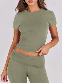 Lounge Sets For Women 2 Piece Foldover Yoga Flare Leggings Pants Crop Tops Casual Y2K Outfits Matching Tracksuit Set/Vacation Outfits Women - 橄欖 - 查看 4