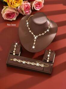 水钻项链首饰套装，闪亮花朵吊坠项链、耳环和手链，适合新娘和伴娘佩戴 - 銀色 - 查看 3