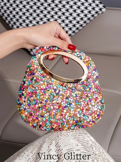 Handcrafted Mini Evening Bag, Multi-Color Stone Patchwork Asymmetrical Double Handle Handbag, Elegant Small Bag For Party, Suitable For Phone, Lipstick, Fashion Versatile Women Purse