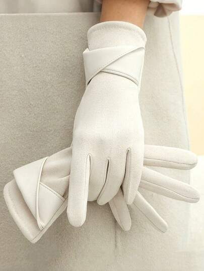 Fashion 1 Pair 23cm Warm Gloves, One Size Fits Most, Full Finger With Cross Strap Detail, Solid Color Multiple Options, Suede Fabric With Fleece Lining & Faux Leather, Touchscreen Compatible & Windproof, For Winter Outdoor Daily Driving