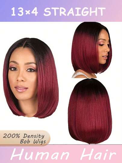 #1/99J 短直波波头假发，挑染短款渐变99J酒红色波波头假发，真人发直发，13x4透明蕾丝前额波波头假发，200%密度真人发波波头假发，13x4直发波波头蕾丝前额假发，真人发预拔毛假发，真人发短款波波头假发，优雅真人发短款假发，时尚假发，8-16英寸酒红色渐变99J酒红色挑染，自然发际线，短款波波头，男女皆宜