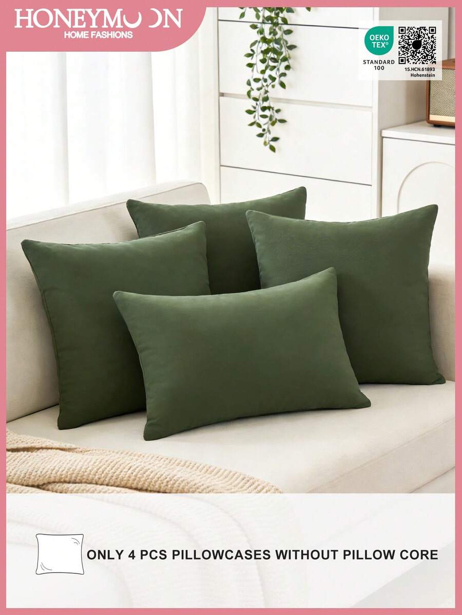 4 件套格子枕套，隐形拉链，柔软现代风格，适用于客厅、卧室、沙发装饰，可机洗，通过 Oeko-Tex 认证 - 橄欖綠 - 查看 1