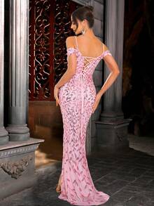 Romagic Elegant Rosa Paljettklänning Brudtärnor Balklänning För Dam Bara Axlar Slits Rygglös Spetsning - Rosa - Visa 2