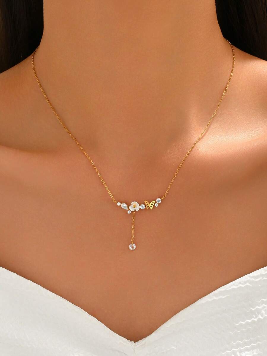 1pc Fashionable Delicate Flower & Butterfly Pendant Necklace With Zirconia Stone, Minimalist Versatile Choker Necklace Suitable For Any Occasion - Necklace - View 1