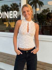 Women Y2K Lace Tank Top Floral Embroidery Sheer Mesh See Through Slim Fit Sleeveless Camisole Crop Tops - trắng - Xem 4