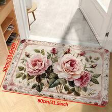 Tapete de entrada com estampa de rosas em estilo campestre francês (1 peça), em flanela com renda europeia, antiderrapante e absorvente, ideal para hall de entrada, banheiro e diversos ambientes. Lavável à máquina e adequado para uso interno e externo. - Multicolorido - Ver 11