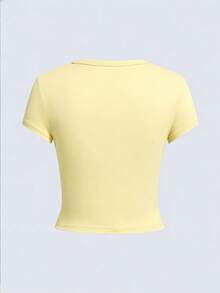 Summer New Simple Fashion Artistic Hand-Painted Pink Rose Print Casual Round Neck Short Sleeve Waist T-Shirt, Versatile & Fashionable Women Top - Yellow - View 4