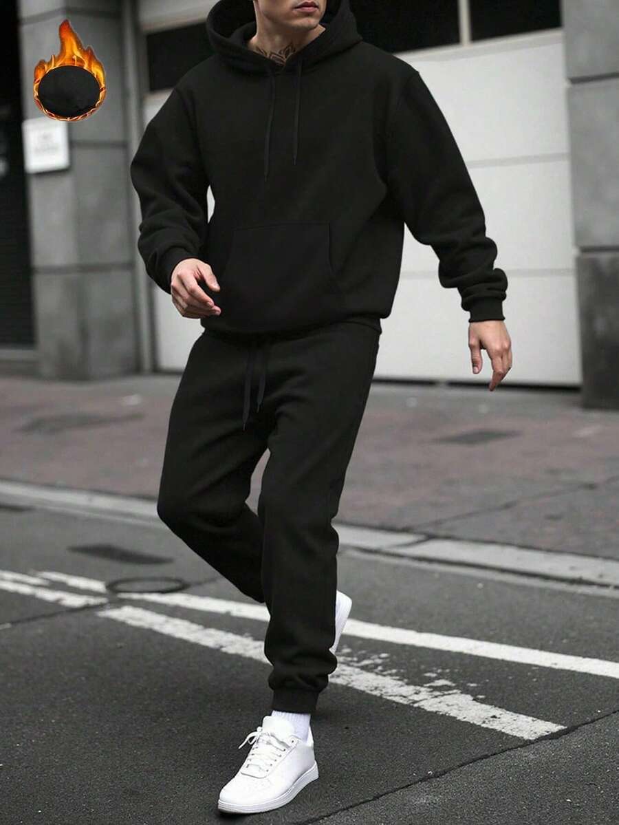 2pcs/Set Men Casual Drawstring Pocket Hoodie And Drawstring Sports Pants Suit - Black - View 1