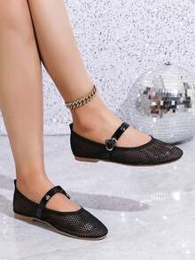 女士透气网面平底鞋，轻便舒适休闲一脚蹬鞋 - 黑色 - 查看 3