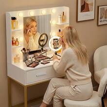 Furniwell Vanity Desk With Mirror And Lights, Makeup Vanity Table With 2 Drawers & Storage Shelves, Large HD Mirror, 3 Color Modes & Adjustable Brightness, Modern Dressing Table For Bedroom - View 3