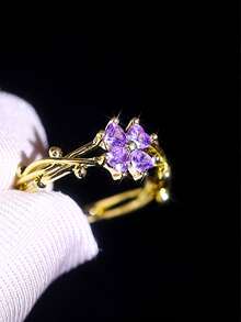 1 pieza Anillo floral de trébol hueco y delicado, elegante anillo abierto de cobre con diamante incrustado, adecuado para uso diario, fiestas, reuniones, citas, regalos festivos, regalos de joyería, regalos diarios de las mujeres - Multicolor - Ver 2