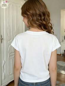 Disney Adorable Checkered Circle Minnie Mouse "Mommy" Print T-Shirt, Girls' Soft & Skin-Friendly Breathable Cotton Short Sleeve Top - trắng - Xem 2