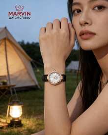 Marvin Women's Watch Classic Swiss Quartz Stainless Steel Watch Fashion Ladies Watch, 12 Diamonds, Mother-Of-Pearl Dial,Sapphire Crystal Mirror - Black - View 3