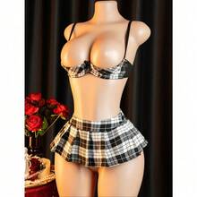 Sexy Deep V Bra And Skirt Set, Women's Underwear Plaid Uniform Combination, Suitable For Role Playing And Parties - 黑與白 - 查看 1
