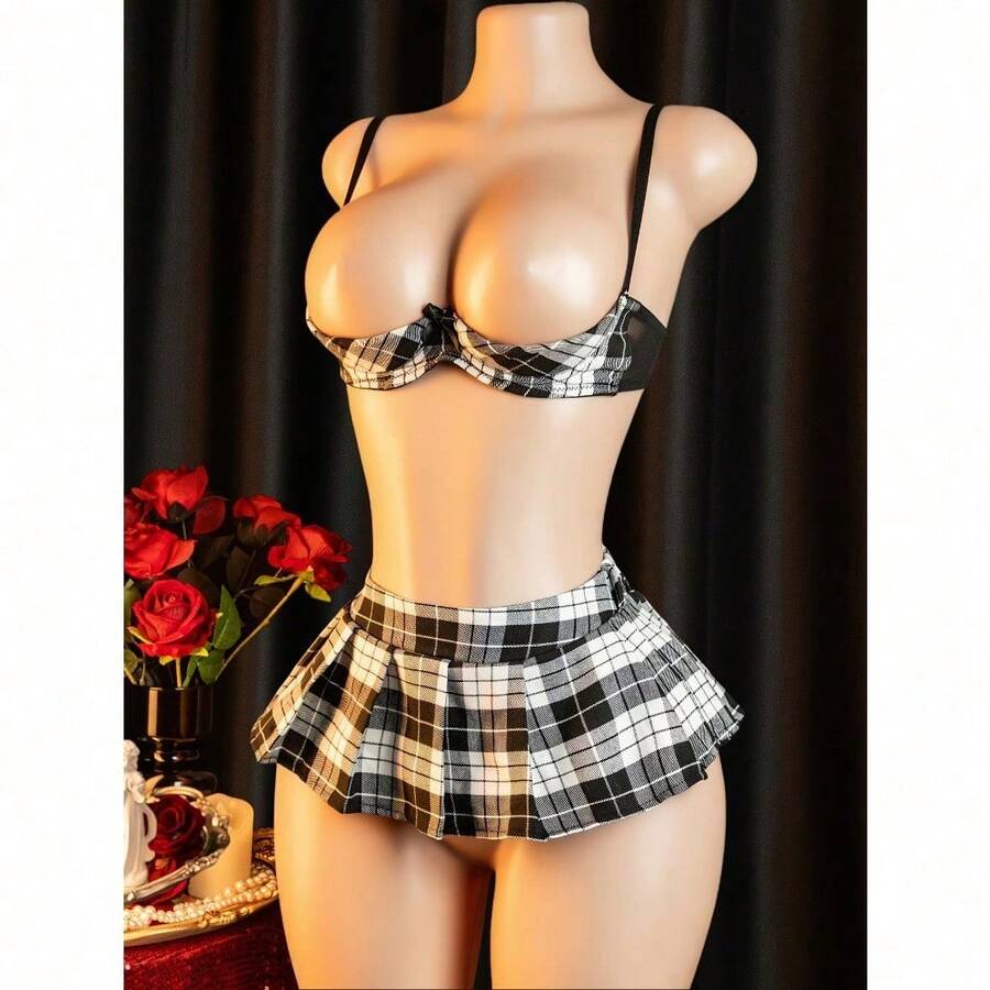 Sexy Deep V Bra And Skirt Set, Women's Underwear Plaid Uniform Combination, Suitable For Role Playing And Parties - 黑與白 - 查看 1