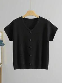 GIGOGOU Áo len nữ tay ngắn dáng rộng, cỡ lớn 1XL-4XL, màu đen, thích hợp mặc mùa xuân hè. - màu đen - Xem 2