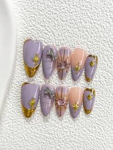 10pcs Dreamy Sweet Style Nail Gel Manicure Set, Acrylic Pressed Nails, Purple Glitter 3D Star, Golden Starlight, Square Nail Decor, Hand-Painted Golden Edge Design, Purple Nail Polish, Romantic French Style, Includes Nail Tools (1 Jelly Sticker + 1 Nail File) 3 Sizes Available: Almond, Duck Mouth, Coffin Handmade Press On Nails - 彩色 - 查看 15