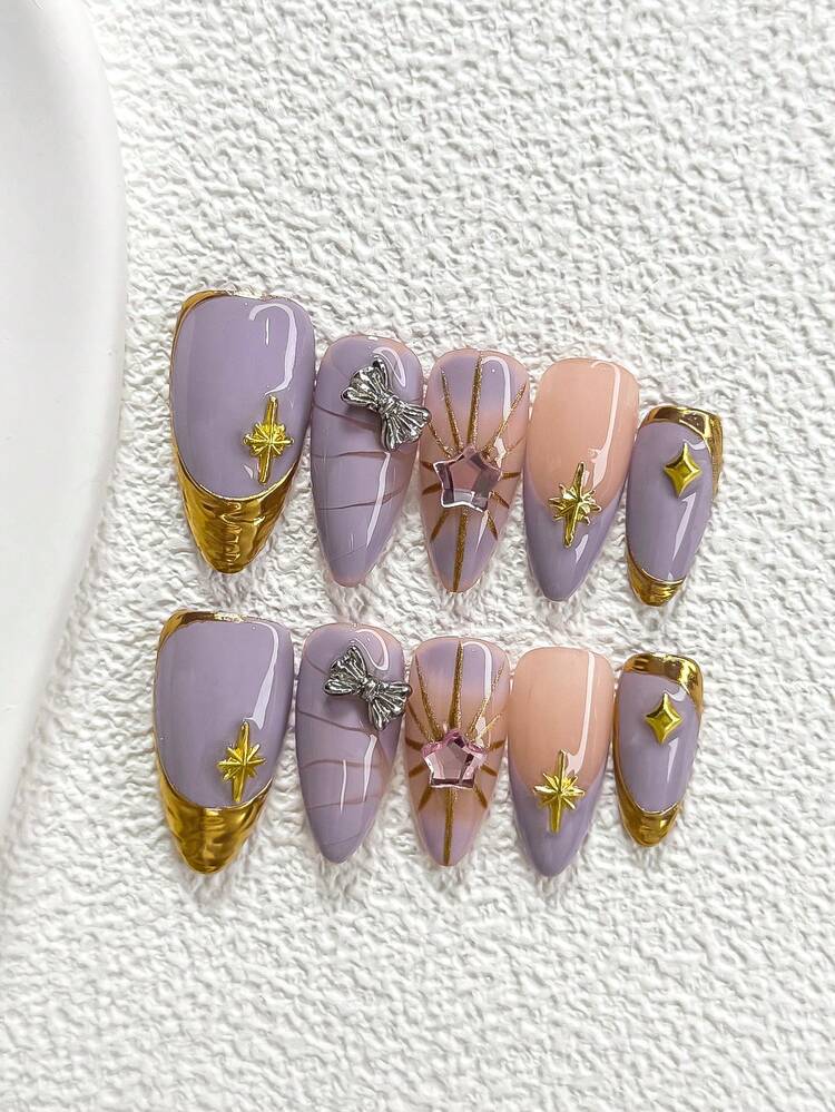 10pcs Dreamy Sweet Style Nail Gel Manicure Set, Acrylic Pressed Nails, Purple Glitter 3D Star, Golden Starlight, Square Nail Decor, Hand-Painted Golden Edge Design, Purple Nail Polish, Romantic French Style, Includes Nail Tools (1 Jelly Sticker + 1 Nail File) 3 Sizes Available: Almond, Duck Mouth, Coffin Handmade Press On Nails - 彩色 - 查看 15