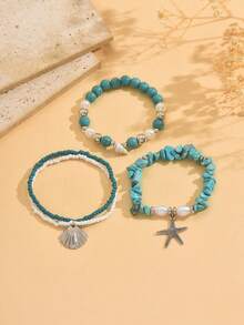 Bộ 3 món trang sức phong cách Bohemian, vòng tay đính hạt vỏ sò tự nhiên, đá xanh và sao biển trắng, thích hợp đeo hàng ngày, đi biển, du lịch, làm quà tặng cho bạn bè và gia đình. - Nhiều màu - Xem 2