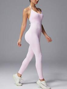 YZFRF Women Minimalist Halter Neck Seamless Jumpsuit Slim Fit Workout & Streetwear - Pink - View 9