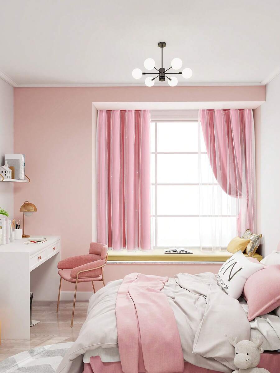 1pc Hollow Star Sheer Curtain, Polyester Lace Double Layer Curtain, Darkening Curtain For Living Room Bedroom, Cute Style