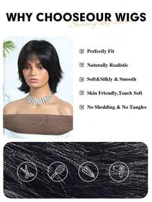 12 Inch Short Straight Synthetic Wig With Bangs For Women, Suitable For Daily, Party, Cosplay, Brown Layered Wig, Long Straight Hair With Bangs, High Density Heat Resistant Synthetic Wig, Suitable For Daily, Party, Natural Sexy Casual Sports College Style, Heat Resistant Wig, Suitable For Halloween, Christmas Gift, Girlfriend Gift - 黑色 - 查看 3
