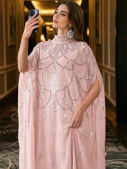 Elegant Beaded Batwing Sleeve Abaya Long Stand Collar Woven Fabric Embroidered Design