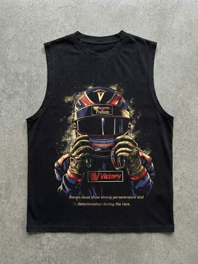 男士休闲赛车头盔图案背心，透气街头风T恤，适合夏季度假、健身、摩托车骑行，复古柔软触感