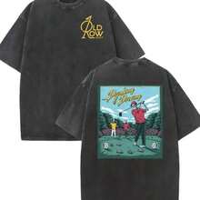 1pc Camiseta Gráfica de Golf Vintage, Cuello Redondo de Algodón 100% Lavado de Doble Cara, Estilo Casual de Calle de Manga Corta con Diseño de FORE DRAGONS, Ajuste Holgado para Todas las Estaciones, Perfecta para Ropa de Ocio de Fin de Semana, Camiseta de Golf Festiva Desgastada - Negro - Ver 2