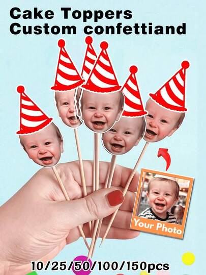 25pcs Customized Face Cupcake Toppers - 1st Birthday Party Decorations, Face Design, Personalized Cake Decor, Cake Toppers With Birthday Hat, Face Cupcake Decorations, Customized Face Cupcake, Birthday Decorations, Face Lollipops, Printable Decor, Party Supplies
