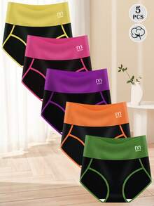 QUASTI 5-Pack Of Women's High-Waisted Plus-Size Underwear, Made Of Skin-Friendly Cotton Fabric, Moisture-Wicking And Breathable, Providing Full Coverage Of The Hips, Color Blocking, And Comfortable Wear. - 彩色 - 查看 5