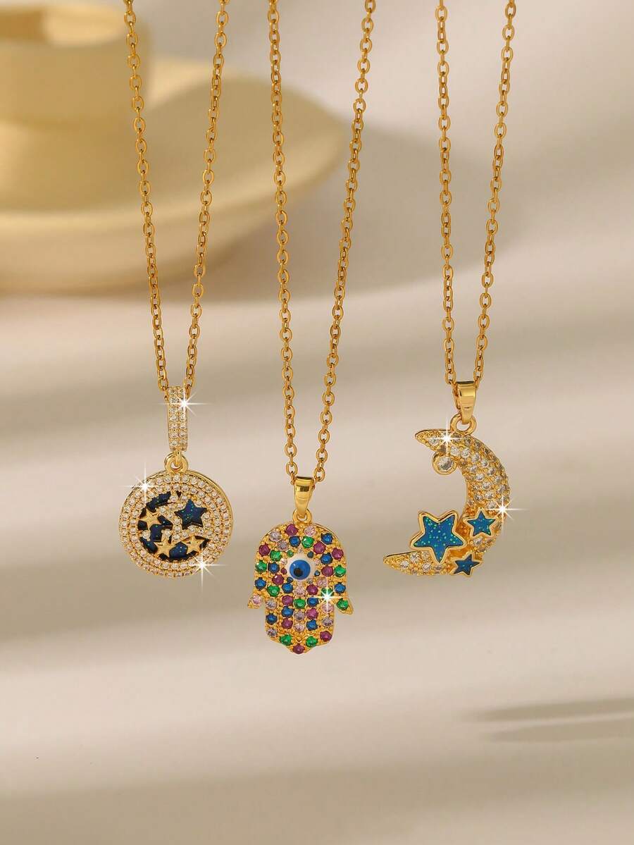 女士奢华星空圆盘/法蒂玛之手/星月镶钻吊坠项链，高光泽镀金锆石项链，适合工作和约会等各种场合，金色首饰 - 金色 - 查看 1