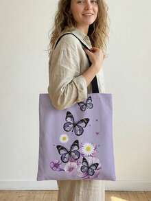 Vintage Butterfly Pattern Double-Sided Print Shoulder Tote Bag, Casual Travel Beach Bag, Large Capacity Reusable Shoulder Shopping Bag, Women Casual Shoulder Bag Tote, Large Capacity Canvas Beach Bag Tote, Printed Women Grocery Shoulder Bag, Butterfly Bag, Valentine's Day - Multicolor - View 3