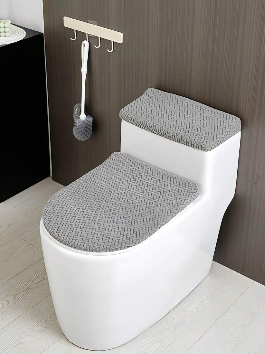 1 Set Solid Color Jacquard Knitted Toilet Seat Cover And Tank Cover, Stretch Toilet Seat Cover Set For Bathroom, Fits Small Size Toilet Tank And Lid, Home Decor - Dark Grey - View 1