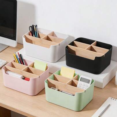 1pc 5-Compartment Bamboo Desktop Organizer Box, With Pen Holder, For Office, Bathroom, Living Room, Bedroom Storage, Suitable For Home, School, Office, Kitchen, Great For Back To School, Holidays, Daily Necessities
