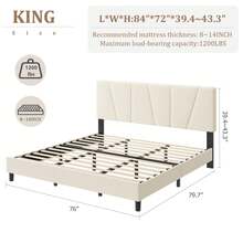 Base de Cama Plataforma con Cabecera Tapizada de Lino Ajustable, Soporte de Listones de Madera Resistentes, Sin Resorte de Caja Necesario y Montaje Fácil - Beige-King - Ver 2