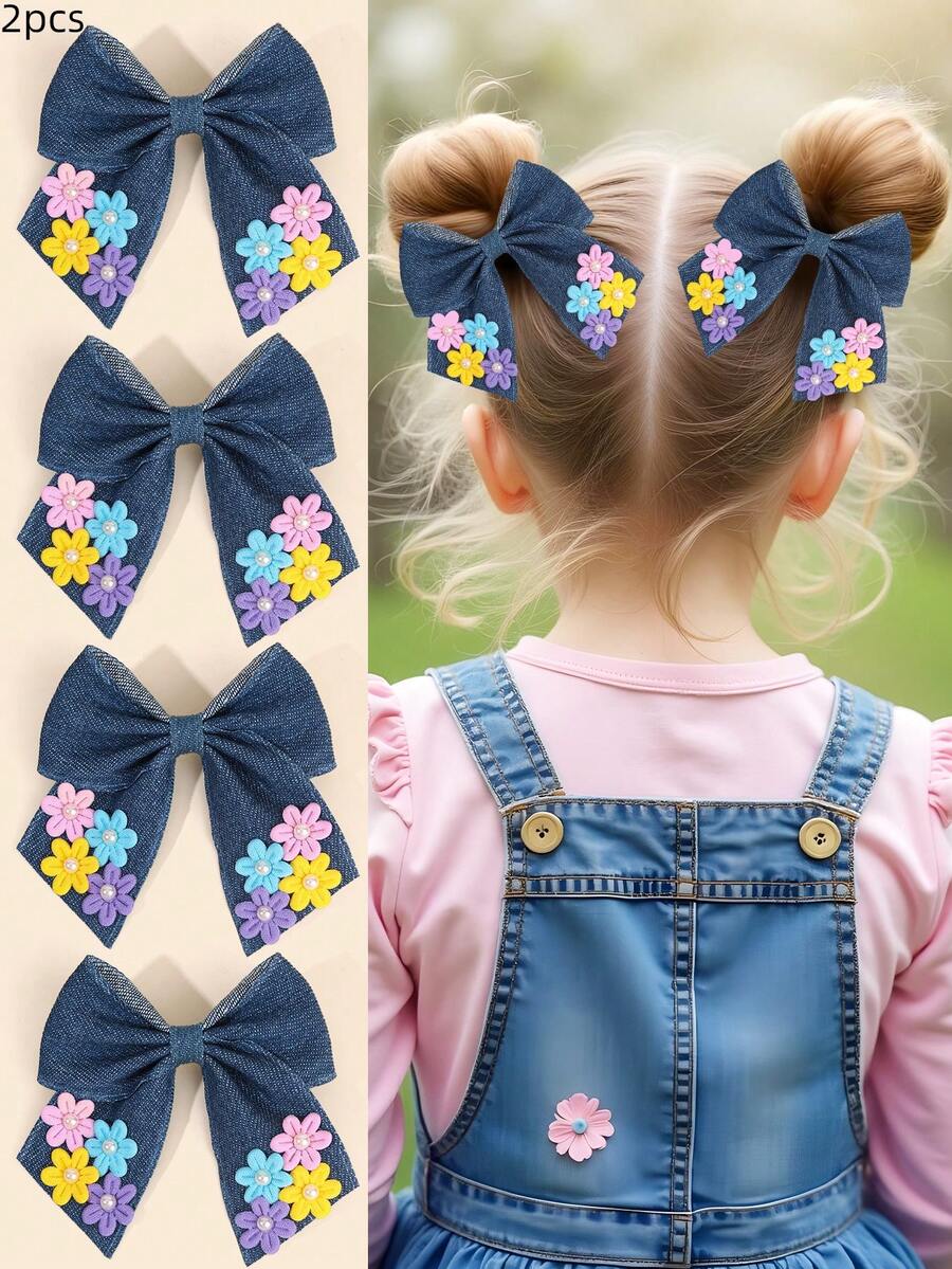 2个蓝色蝴蝶结发夹，布艺长尾花朵装饰发夹，时尚发饰，适合女孩日常佩戴 - 藍色 - 查看 1