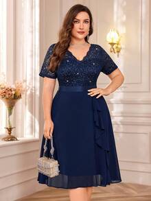 MISSMAY 优雅V领亮片蕾丝拼接雪纺荷叶边摆裙，适合鸡尾酒会、夏季、婚礼宾客等场合，也适合生日、毕业典礼、返校节等派对。 - 藏蓝色 - 查看 4