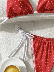 两件套波点系带高衩比基尼泳衣，性感可爱，适合夏季海滩度假，露背系带设计，全身印花，适合复活节、圣帕特里克节、外出、毕业典礼等场合，优雅白色 - 紅白色 - 查看 7