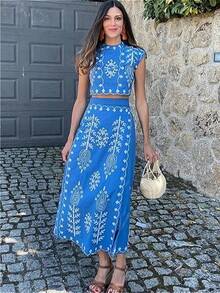 Casual Vacation Style Women's Clothing, Fashionable And Casual Positioning Printed Vacation Style Long Dress Two-Piece Set - 藍色-1 - 查看 1