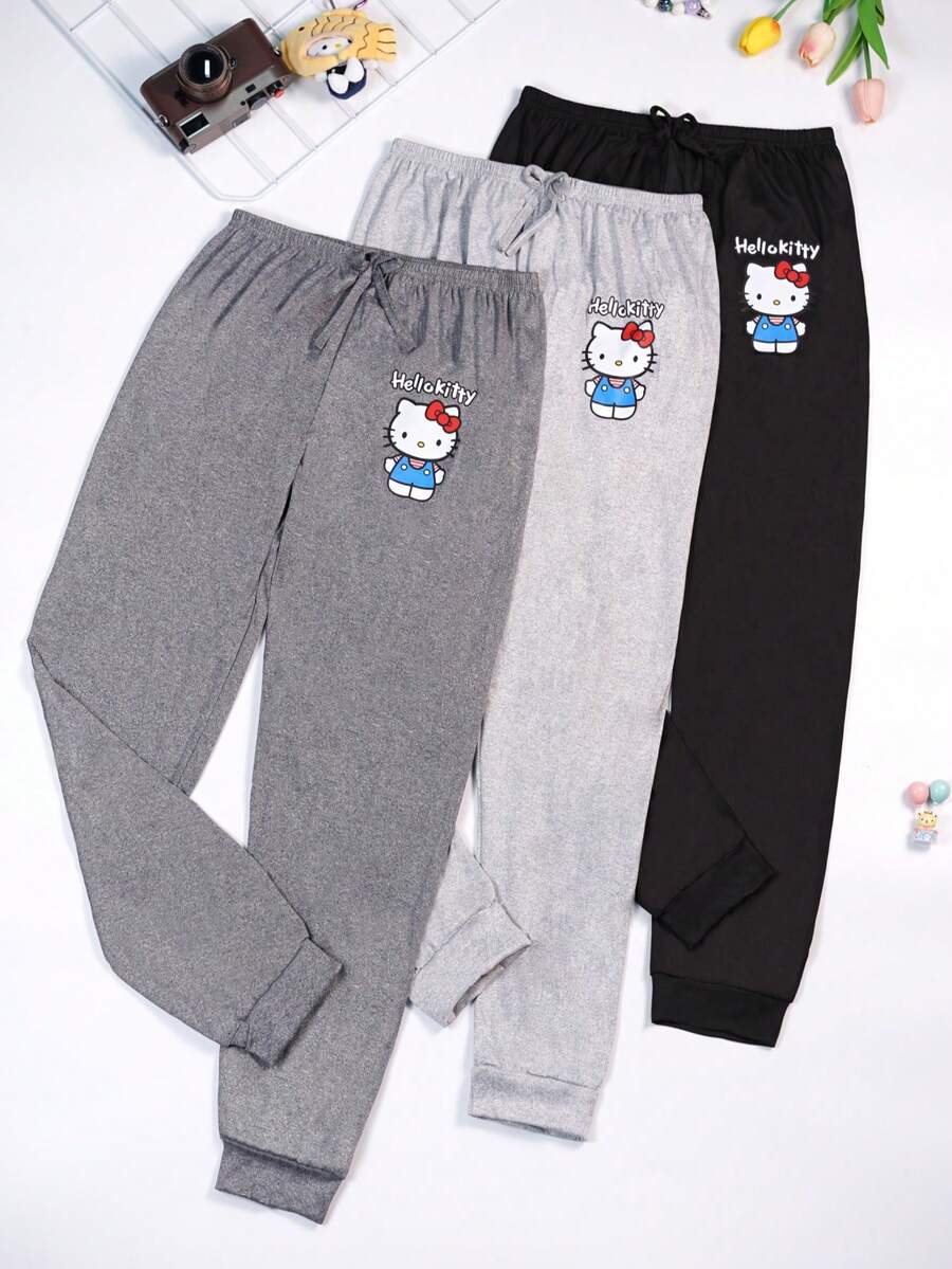 SANRIO 三丽鸥Hello Kitty三件套女士可爱KT印花睡裤新款家居服休闲宽松优雅情侣装 - 彩色 - 查看 1