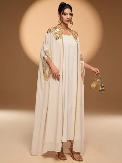 Women's Solid Color Embroidered Beaded Patchwork Jacket With Sleeveless Solid Color Maxi Dress, Elegant Long Style With Contrast Trim Details, Soft And Versatile 2-Piece Set, Suitable For Holidays And Casual Occasions