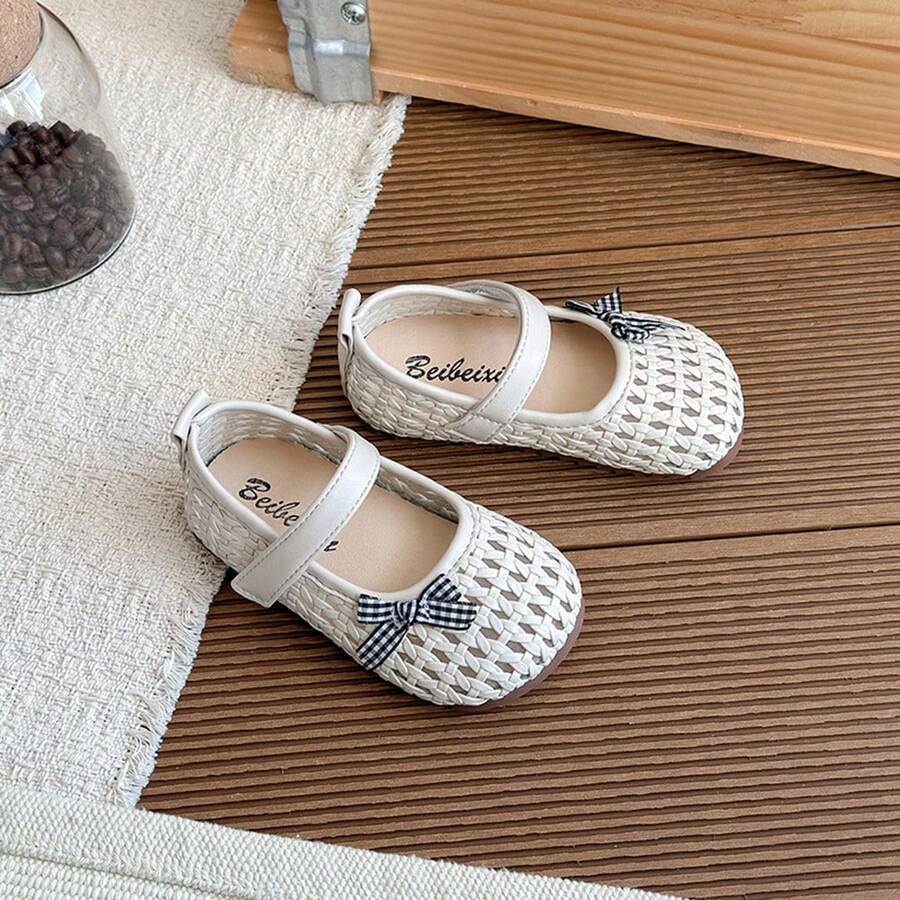1双 2026新款女童针织格子蝴蝶结软底凉鞋 - 米色 - 查看 1