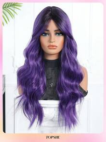 Peluca rizada de 26 pulgadas de color púrpura de estilo europeo y americano de TOPSHE, con diseño de olas grandes, cabello sintético resistente al calor, adecuada para uso diario, fiestas, cosplay, carnaval, Año Nuevo, bodas y otras ocasiones, disfraz de carnaval para mujeres - Morado - Ver 4